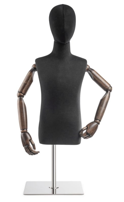 Child display dress form with bronze canvas torso on metal countertop base adjustable retail mannequin for boutiques and designers