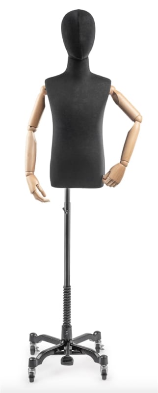 Child display dress form with bronze canvas torso on metal rolling base adjustable retail mannequin for boutiques and designers