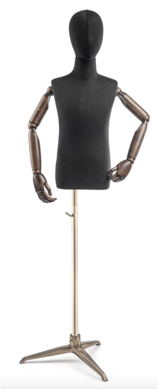 Child display dress form with bronze canvas torso on metal tripod base adjustable retail mannequin for boutiques and designers