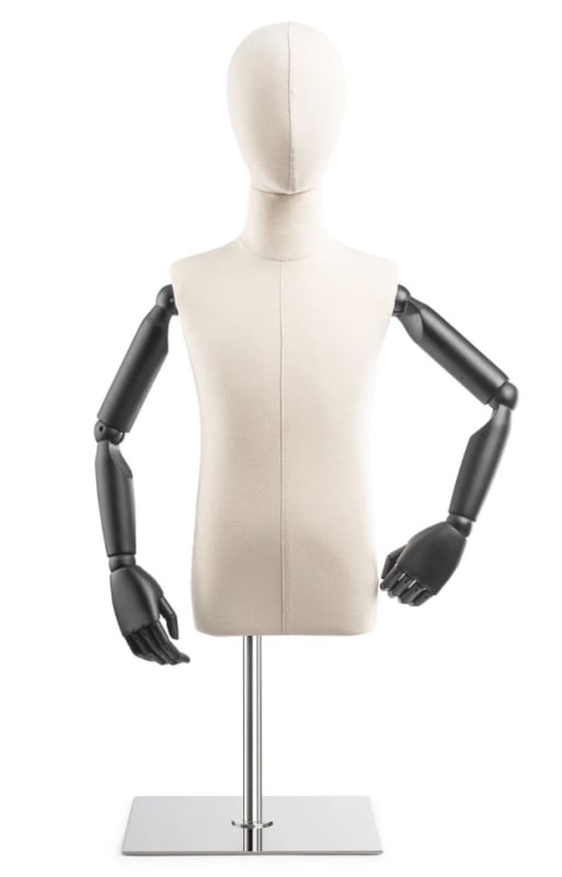 Child display dress form with bronze canvas torso on metal countertop base adjustable retail mannequin for boutiques and designers