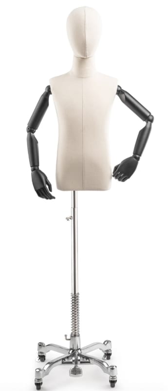 Child display dress form with bronze canvas torso on metal rolling base adjustable retail mannequin for boutiques and designers
