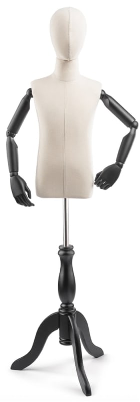 Child display dress form with natural canvas torso on wooden tripod base adjustable retail mannequin for boutiques and designers