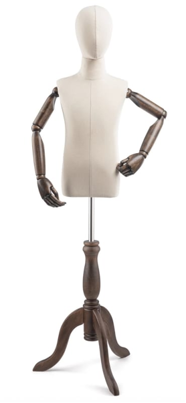 Child display dress form with natural canvas torso on wooden tripod base adjustable retail mannequin for boutiques and designers