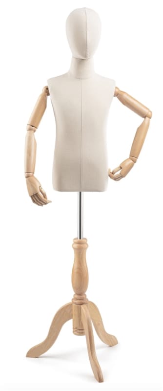 Child display dress form with natural canvas torso on wooden tripod base adjustable retail mannequin for boutiques and designers