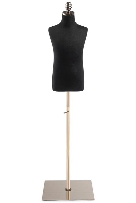 Child display dress form with natural canvas torso on flat metal base adjustable retail mannequin for boutiques and designers