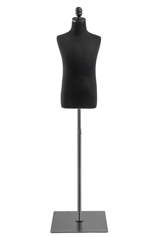 Child display dress form with natural canvas torso on flat metal base adjustable retail mannequin for boutiques and designers