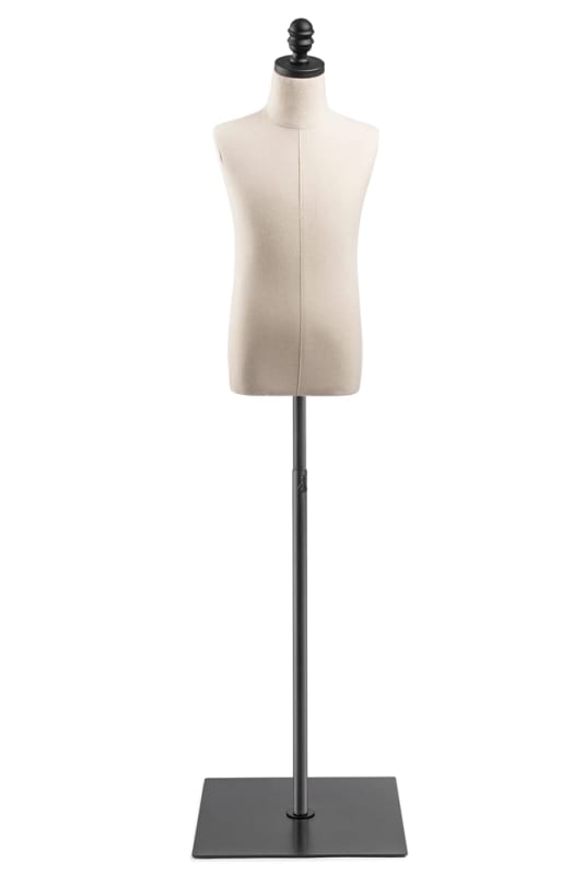 Child display dress form with natural canvas torso on flat metal base - adjustable retail mannequin for boutiques and designers