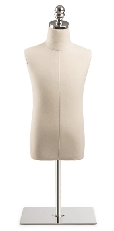 Child display dress form with natural canvas torso on flat metal countertop base - adjustable retail mannequin for boutiques and designers