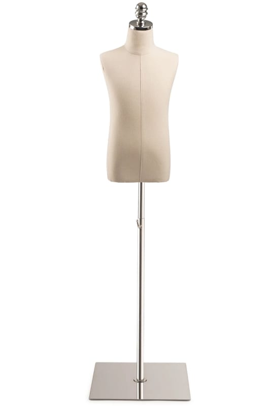 Child display dress form with natural canvas torso on flat metal base - adjustable retail mannequin for boutiques and designers