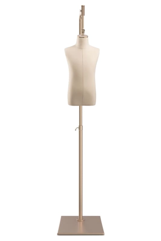 Child display dress form with natural canvas torso on metal hanging base - adjustable retail mannequin for boutiques and designers