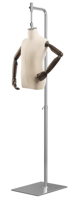 Child display dress form with natural canvas torso on metal hanging base - adjustable retail mannequin for boutiques and designers