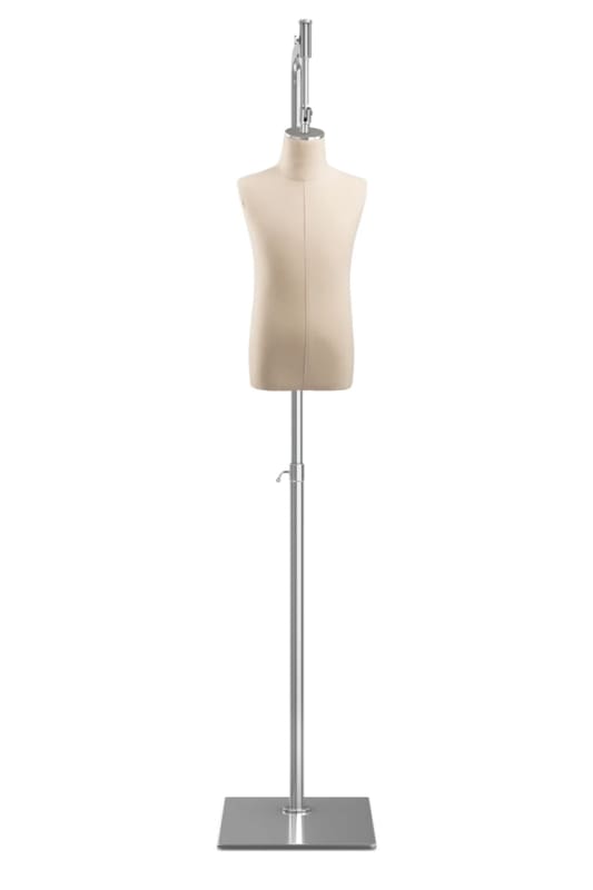 Child display dress form with natural canvas torso on metal hanging base - adjustable retail mannequin for boutiques and designers