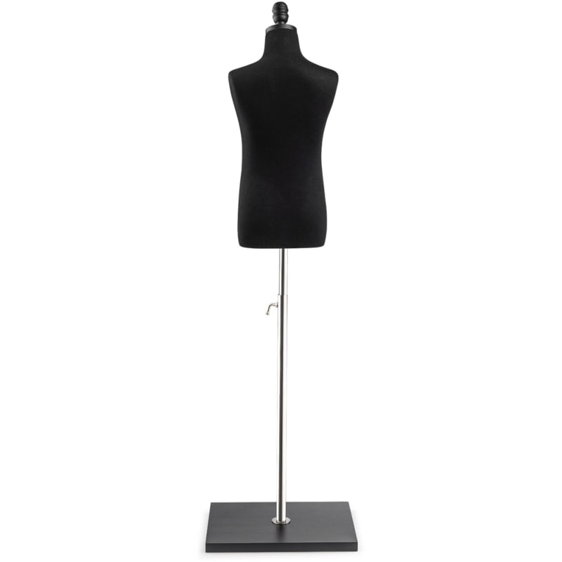 Child display dress form with natural canvas torso on wooden flat base adjustable retail mannequin for boutiques and designers