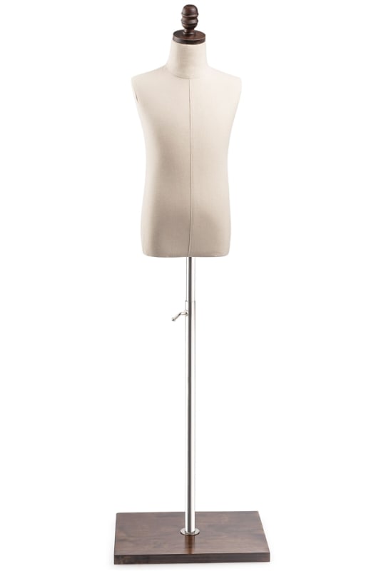 Child display dress form with natural canvas torso on wooden flat base  adjustable retail mannequin for boutiques and designers
