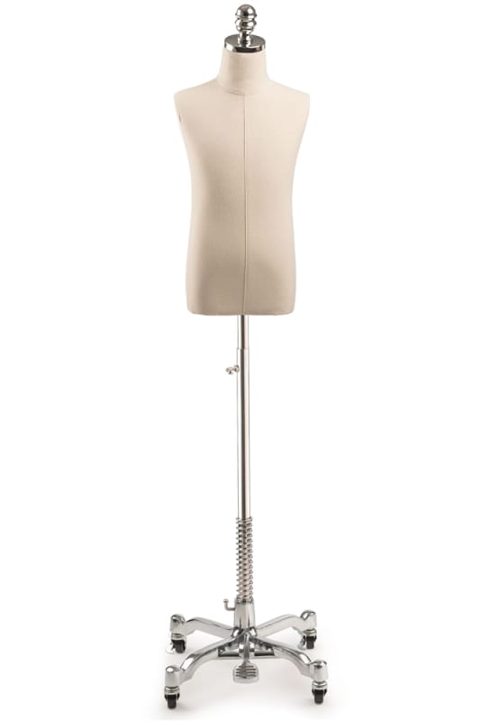 Child display dress form with natural canvas torso on metal rolling base - adjustable retail mannequin for boutiques and designers
