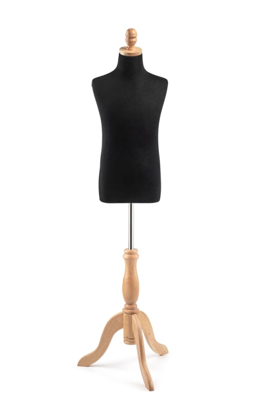 Child display dress form with natural canvas torso on wooden tripod base adjustable retail mannequin for boutiques and designers