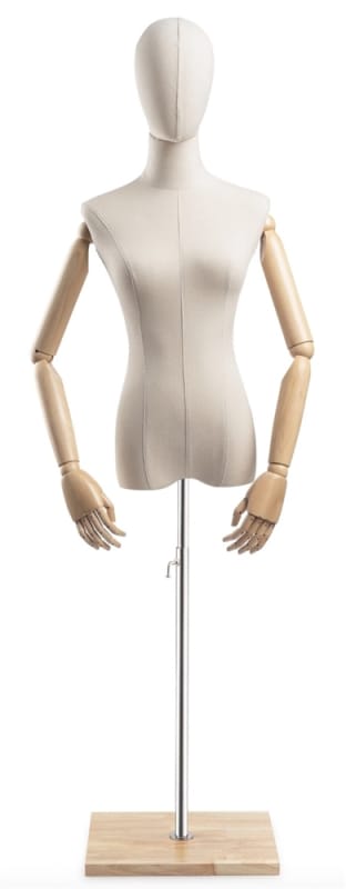 Female display dress form with natural canvas torso on wooden flat base adjustable retail mannequin for boutiques and designers