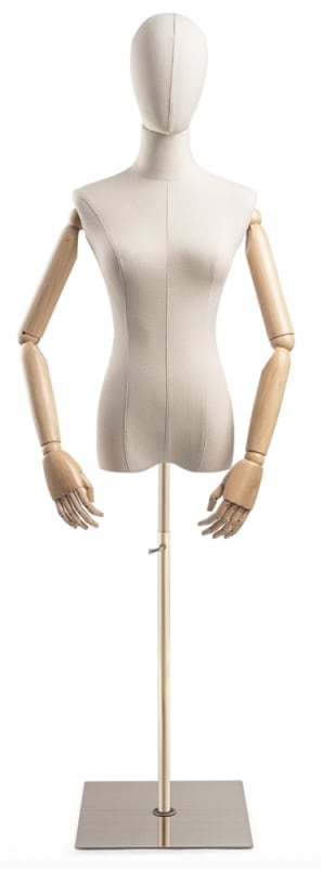 Female display dress form with bronze canvas torso on metal flat base adjustable retail mannequin for boutiques and designers