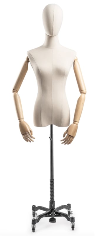 Female display dress form with bronze canvas torso on metal rolling base adjustable retail mannequin for boutiques and designers