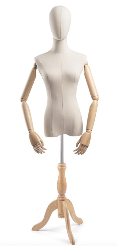 Female display dress form with natural canvas torso on wooden tripod base adjustable retail mannequin for boutiques and designers