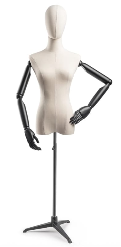 Female display dress form with bronze canvas torso on metal tripod base adjustable retail mannequin for boutiques and designers