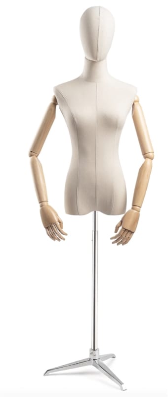 Female display dress form with bronze canvas torso on metal tripod base adjustable retail mannequin for boutiques and designers