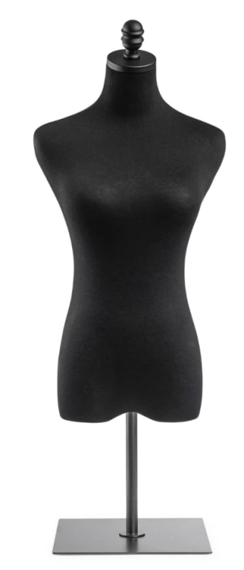 Female display dress form with natural canvas torso on flat metal countertop base adjustable retail mannequin for boutiques and designers