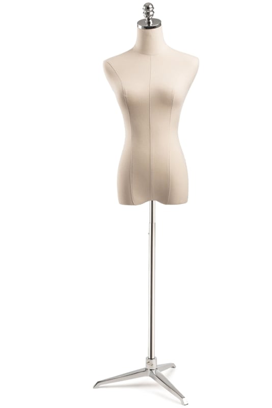 Female display dress form with natural canvas torso on metal tripod base - adjustable retail mannequin for boutiques and designers