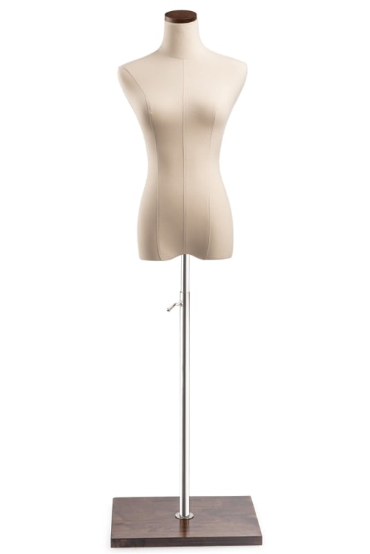 Female display dress form with natural canvas torso on wooden flat base  adjustable retail mannequin for boutiques and designers