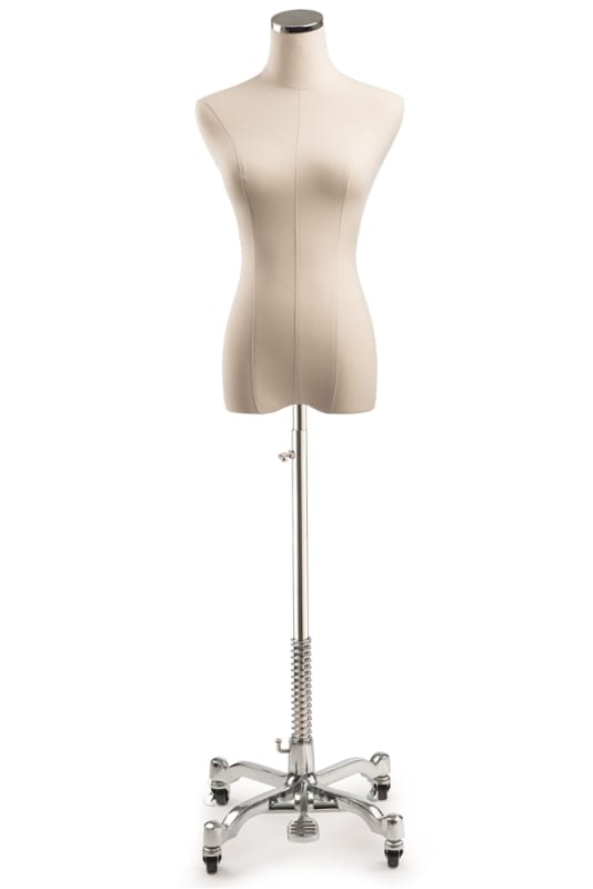 Female display dress form with natural canvas torso on metal rolling base - adjustable retail mannequin for boutiques and designers
