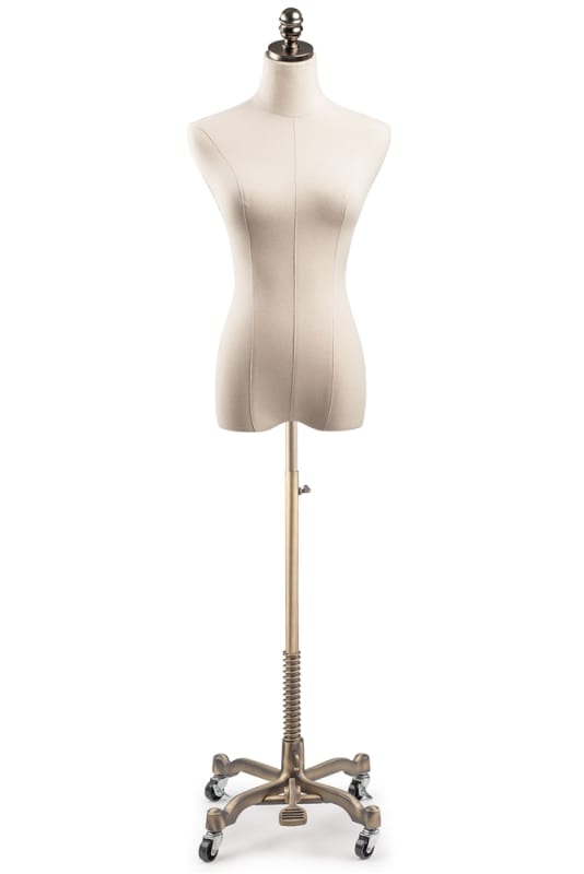 Female display dress form with natural canvas torso on metal rolling base - adjustable retail mannequin for boutiques and designers