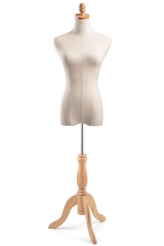 Female display dress form with natural canvas torso on wooden tripod base  adjustable retail mannequin for boutiques and designers