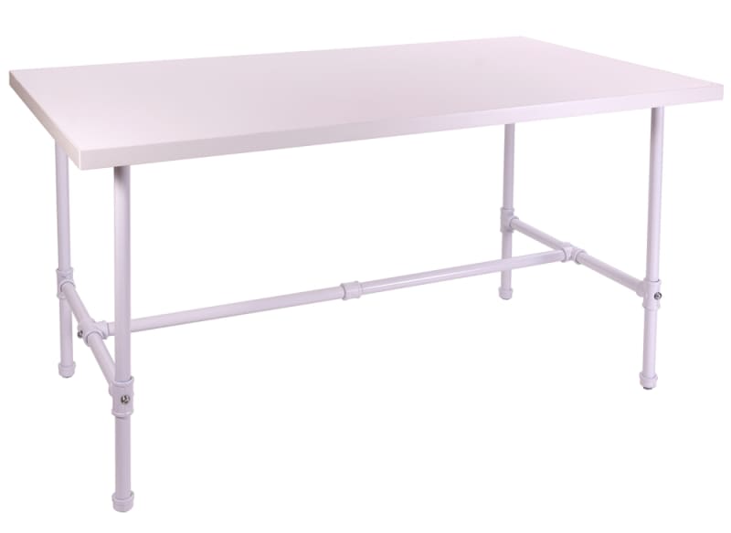 white pipe collection retail display table glossy white industrial store fixture