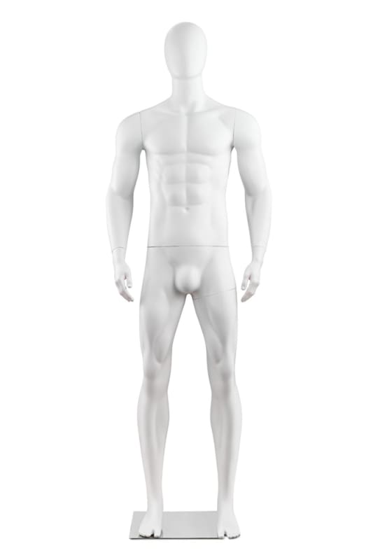 Male egghead bodybuilder full-body mannequin in matte white standing pose