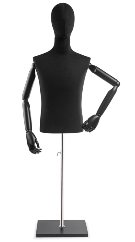 Male display dress form with natural canvas torso on wooden flat base adjustable retail mannequin for boutiques and designers