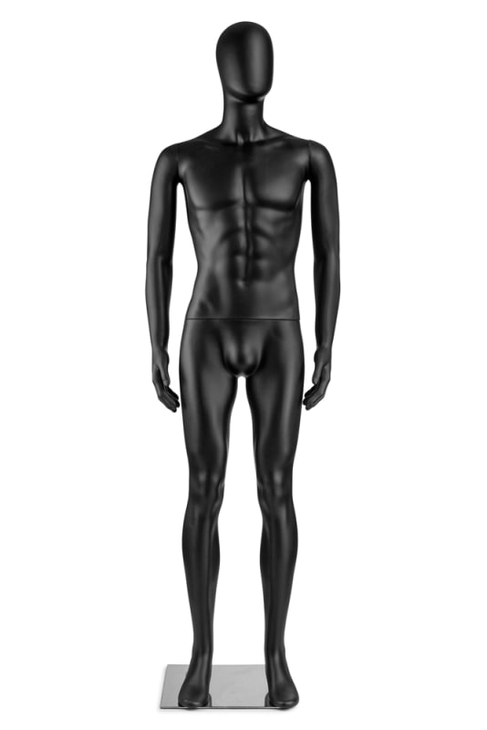 Male egghead full-body mannequin in a standing pose with a matte finish and a sturdy base stand for retail menswear.
