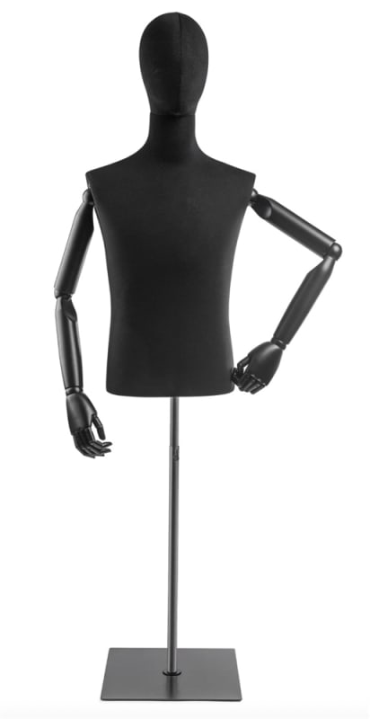 Male display dress form with bronze canvas torso on metal flat base adjustable retail mannequin for boutiques and designers