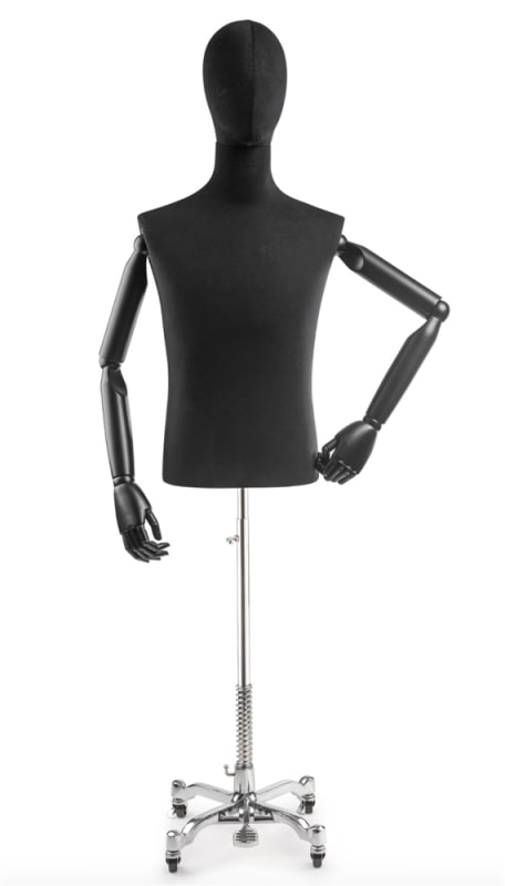 Black male canvas dress form with articulated arms head and chrome metal rolling base