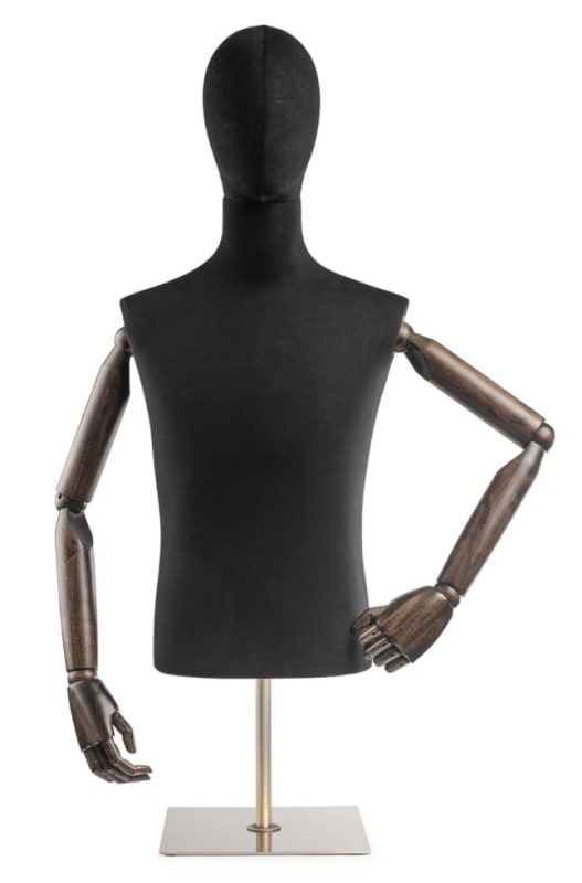 Male display dress form with bronze canvas torso on metal countertop base adjustable retail mannequin for boutiques and designers