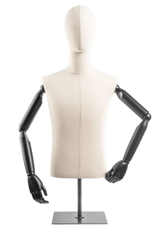 Male display dress form with bronze canvas torso on metal countertop base adjustable retail mannequin for boutiques and designers