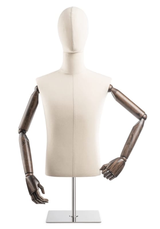Male display dress form with bronze canvas torso on metal countertop base adjustable retail mannequin for boutiques and designers