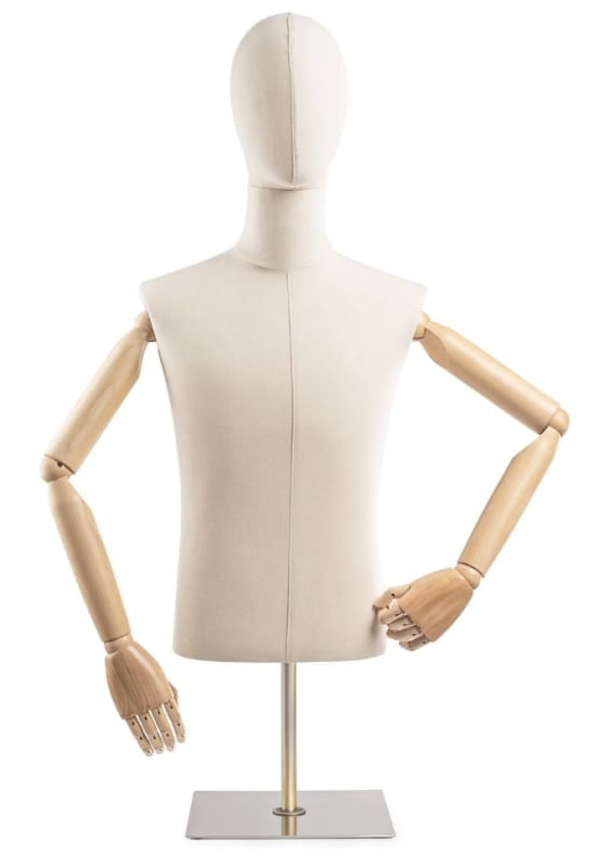 Male display dress form with bronze canvas torso on metal countertop base adjustable retail mannequin for boutiques and designers