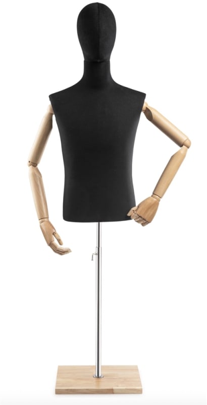 Male display dress form with natural canvas torso on wooden flat base adjustable retail mannequin for boutiques and designers