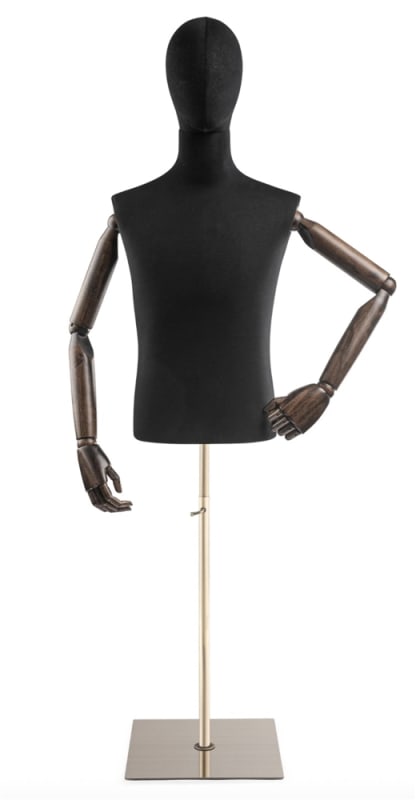 Male display dress form with bronze canvas torso on metal flat base adjustable retail mannequin for boutiques and designers