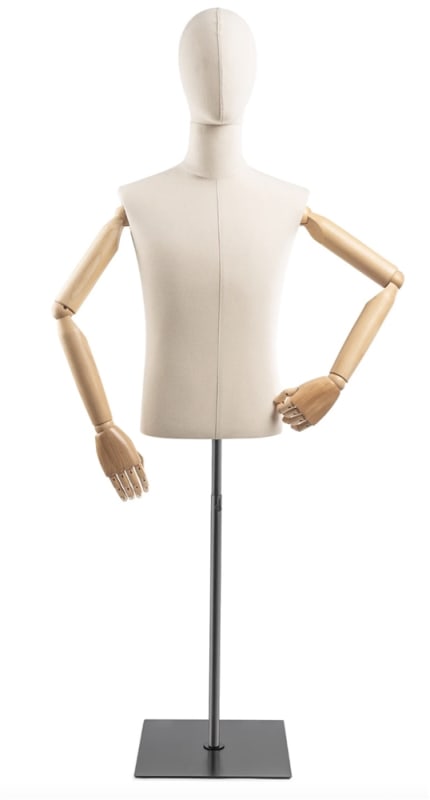 Male display dress form with bronze canvas torso on metal flat base adjustable retail mannequin for boutiques and designers