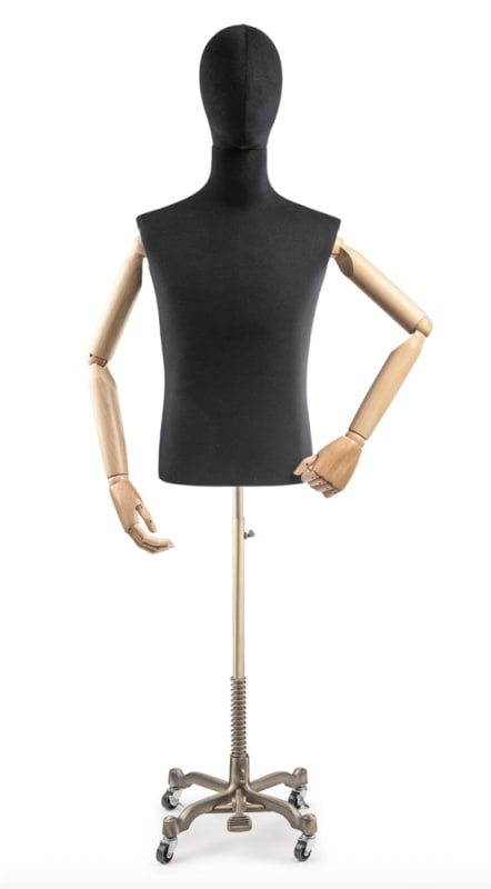 Male display dress form with bronze canvas torso on metal rolling base adjustable retail mannequin for boutiques and designers