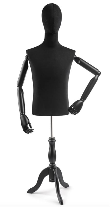 Male display dress form with natural canvas torso on wooden tripod base adjustable retail mannequin for boutiques and designers