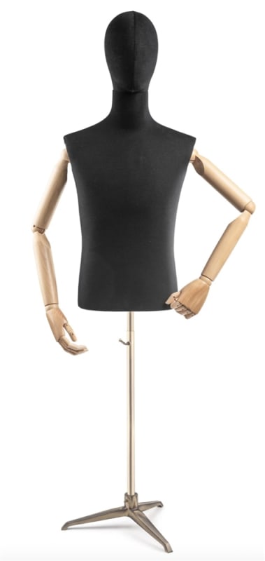 Male display dress form with bronze canvas torso on metal tripod base adjustable retail mannequin for boutiques and designers