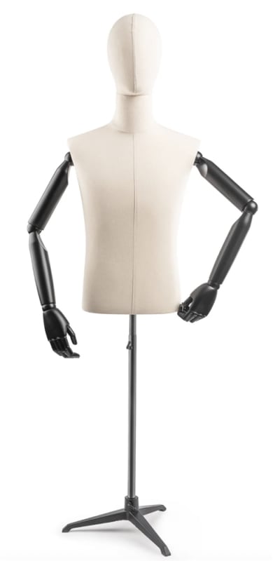 Male display dress form with bronze canvas torso on metal tripod base adjustable retail mannequin for boutiques and designers