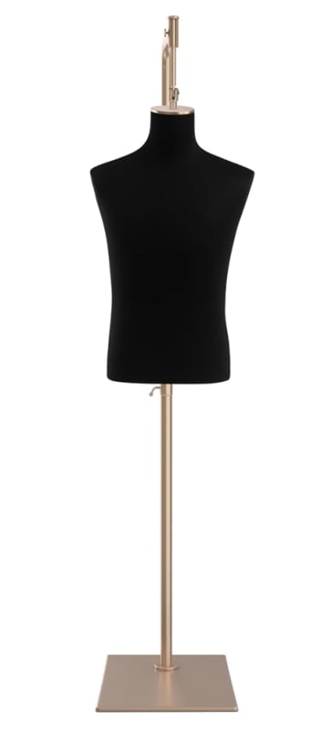 Male display dress form with natural canvas torso on metal hanging base adjustable retail mannequin for boutiques and designers